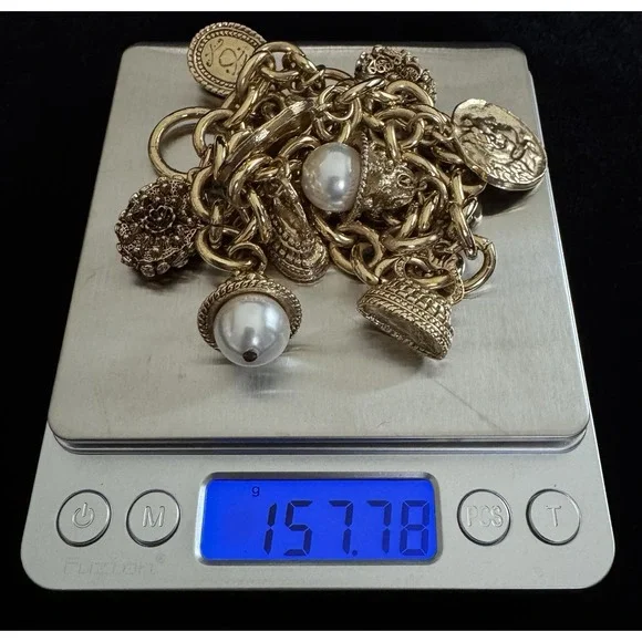 Vintage Victorian Revival Charm Necklace Chunky Rolo Chain Coins Pearls Goldtone - Picture 9 of 10